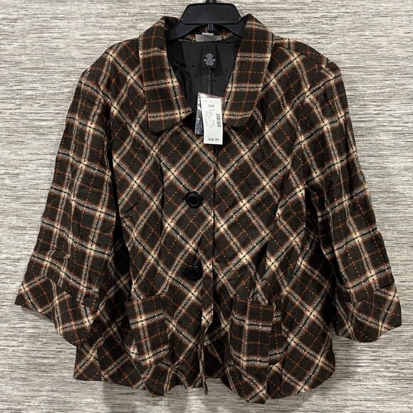 Studio 1940 Womens Plus Size 26W Plaid Wool Blend Jacket W/ 3/4 Sleeves In Brown - Picture 1 of 6